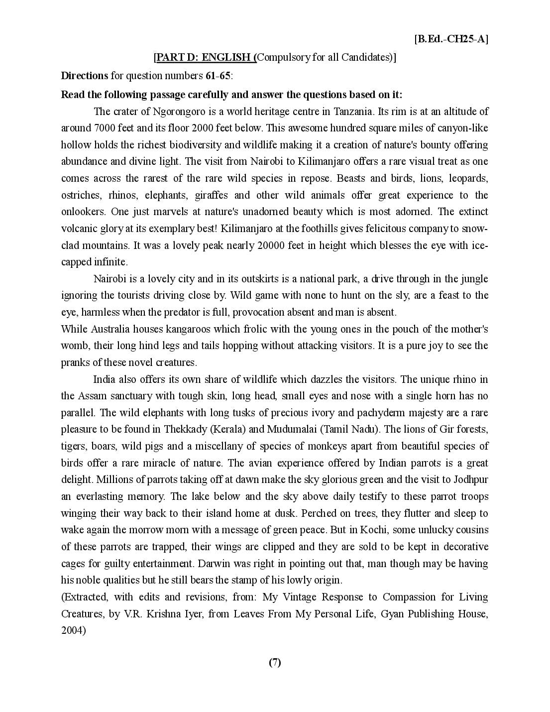 Chandigarh B.Ed 2025 Question Paper PDF with Answer Key