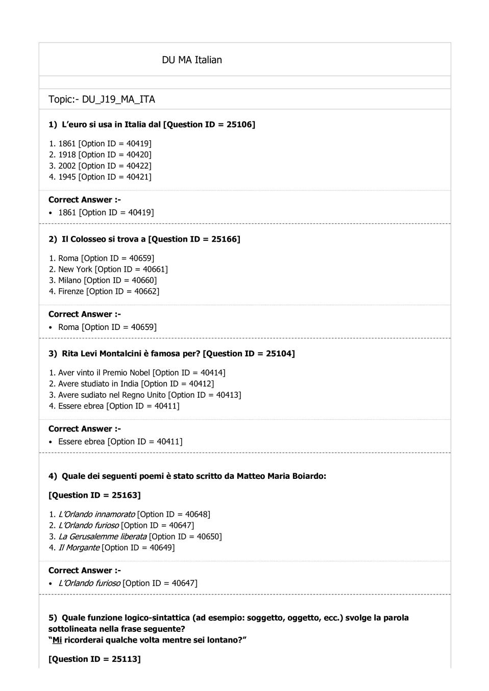 DUET Question Paper 2019 for MA Italian - Page 1