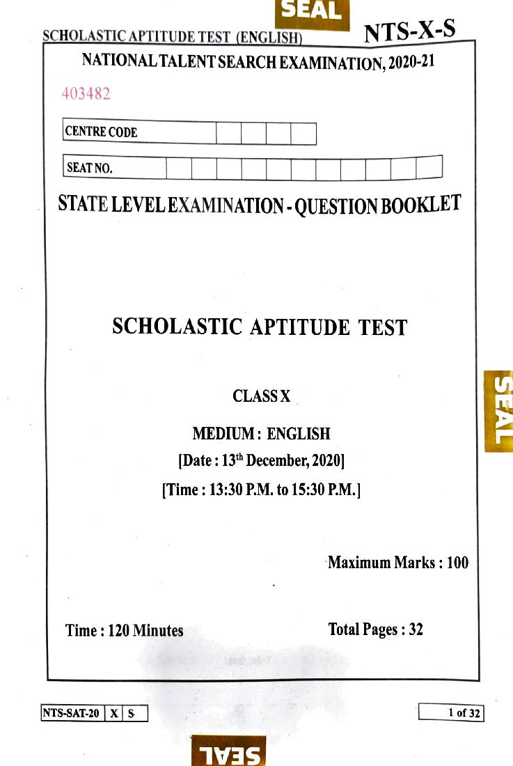 Maharashtra NTSE 2020-21 Question Paper SAT (English) - Page 1
