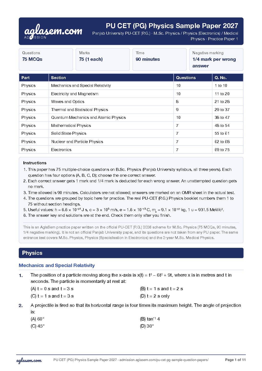 PU CET PG 2027 Sample Paper M.Sc Physics - Page 1 of 11