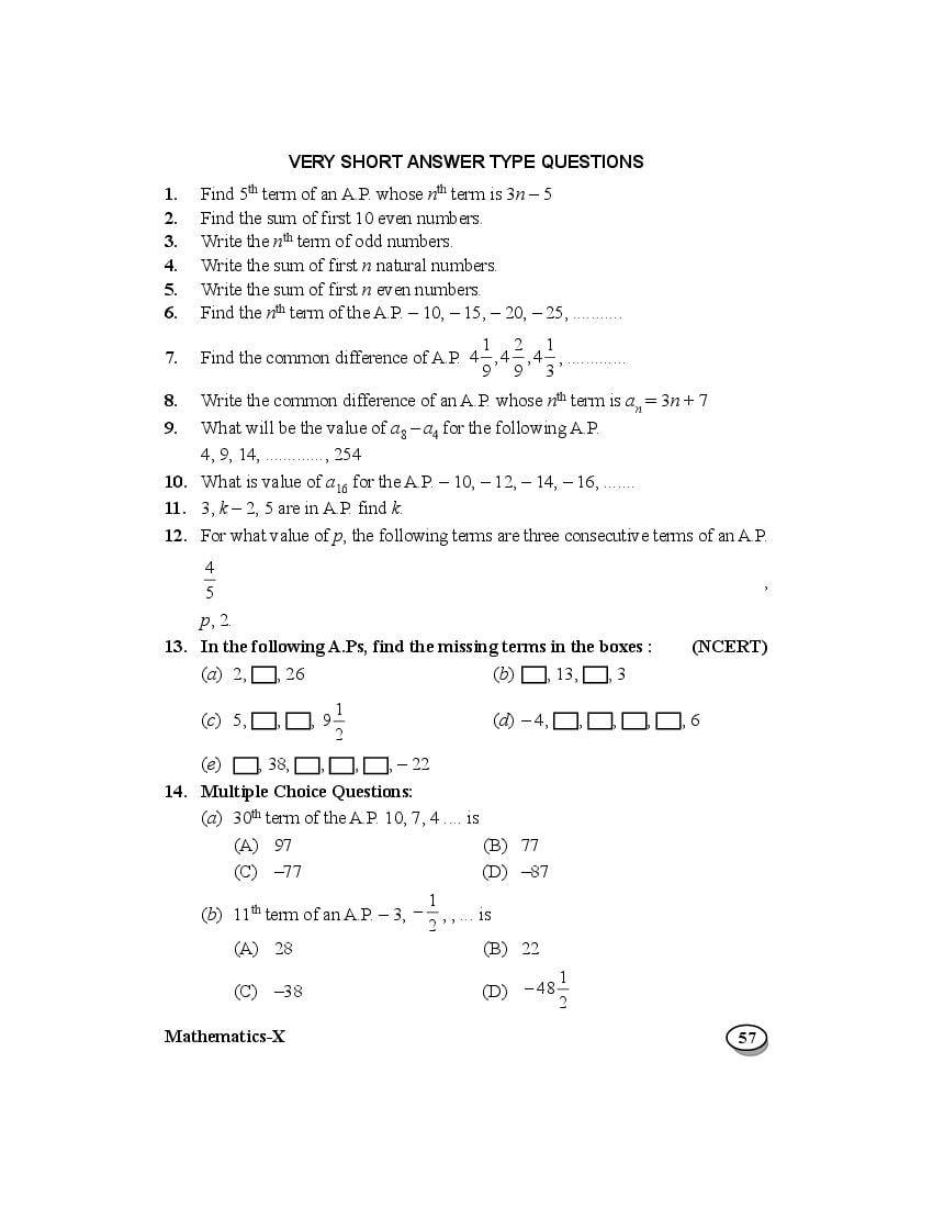 Class 10 Maths Extra Questions Chapter 5 Arithmetic Progressions - Page 1