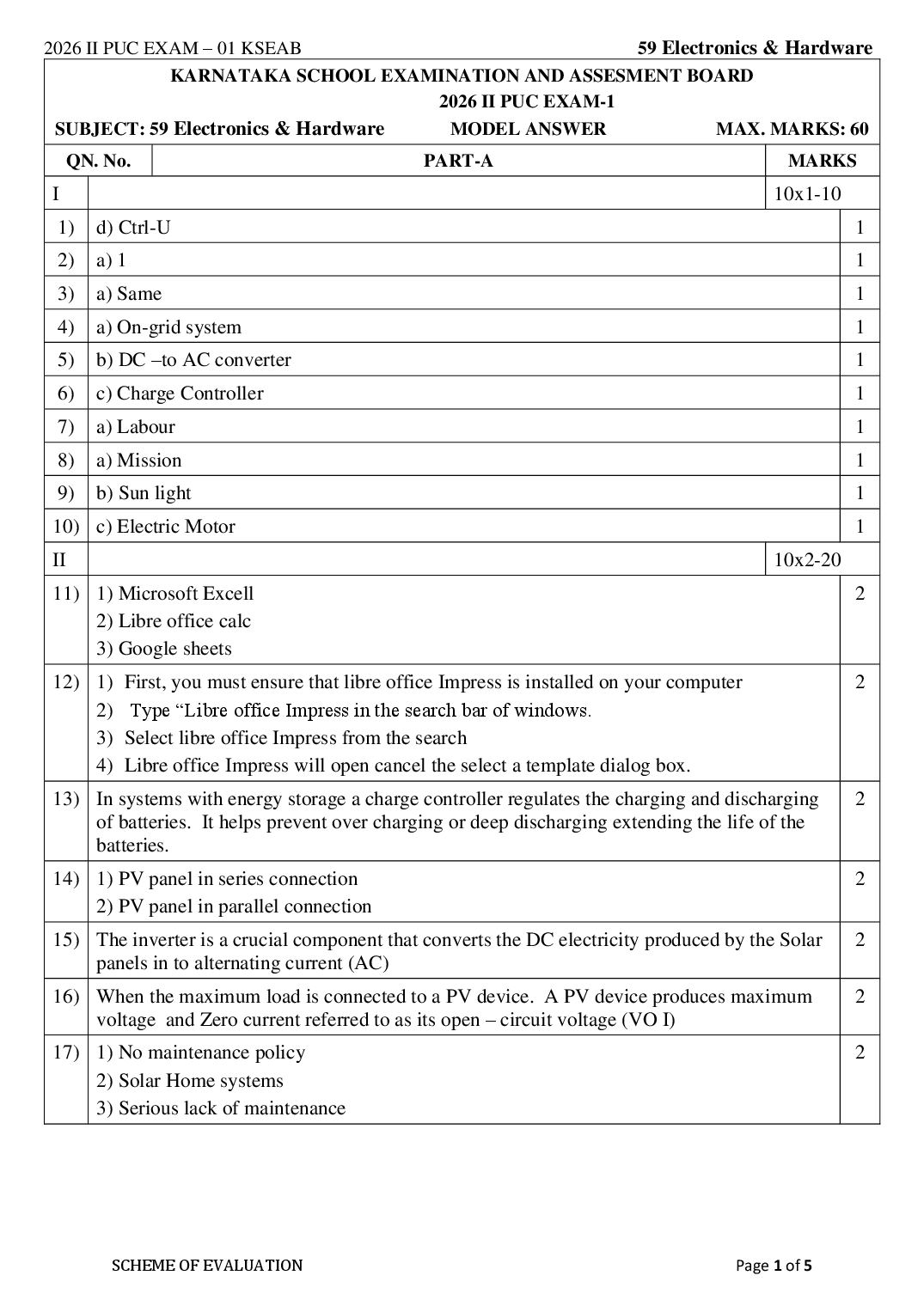 Karnataka 2nd PUC Question Paper 2026 Answer Key Electronics and Hardware - Page 1 of 5