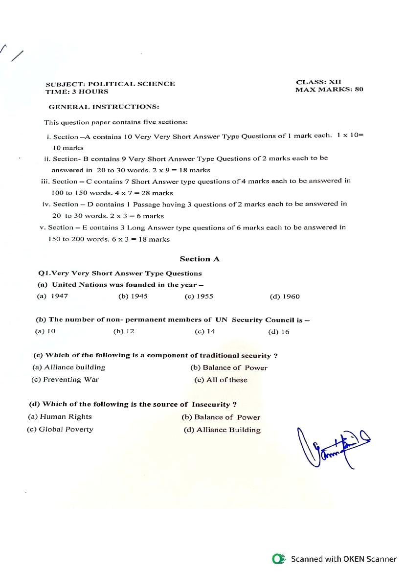 JKBOSE 12th Class Model Paper 2024 Political Science - Page 1