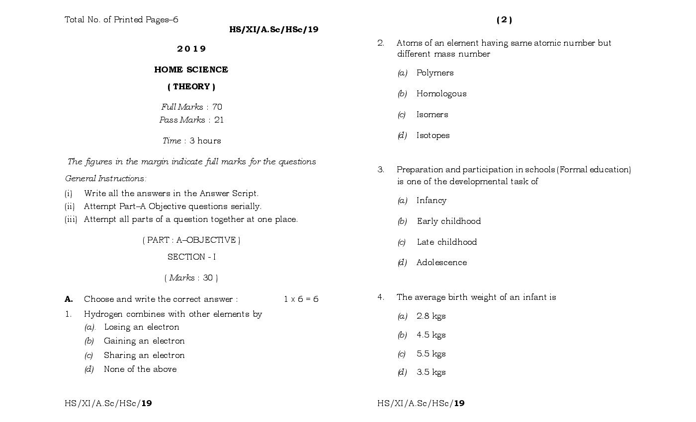 MBOSE Class 11 Question Paper 2019 for Home Science - Page 1