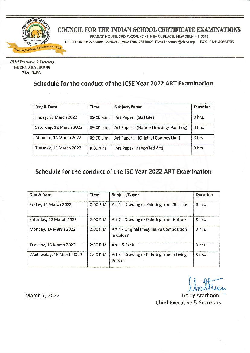 CISCE 2022 ARTS Time Table for ICSE and ISC Exams