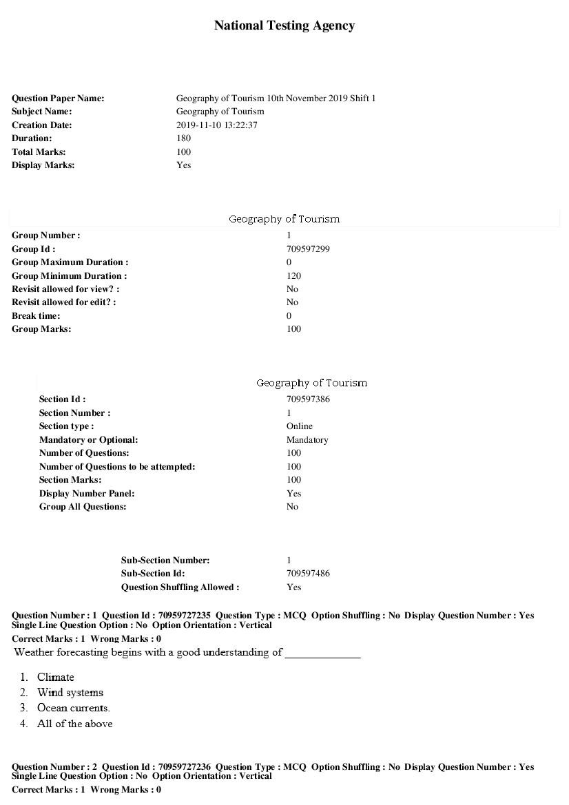 SWAYAM 2019 Question Paper Geography of Tourism - Page 1 of 21