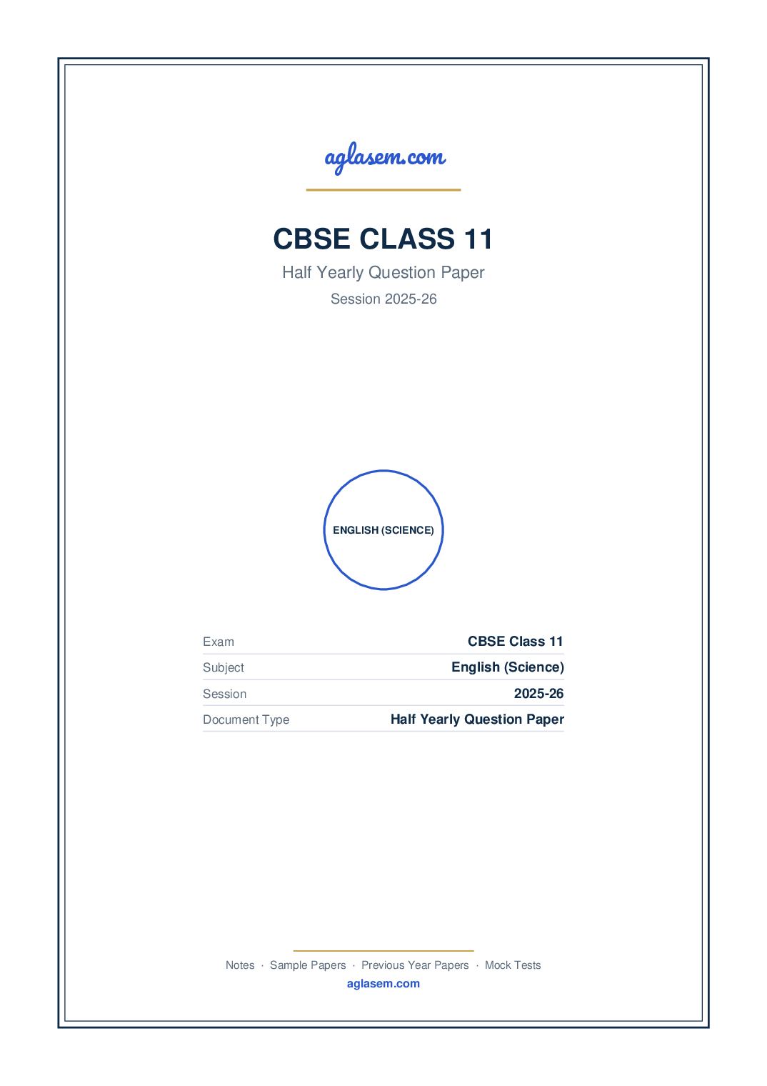 Class 11 Half Yearly Question Paper 2025-26 English (Science) - Page 1 of 13