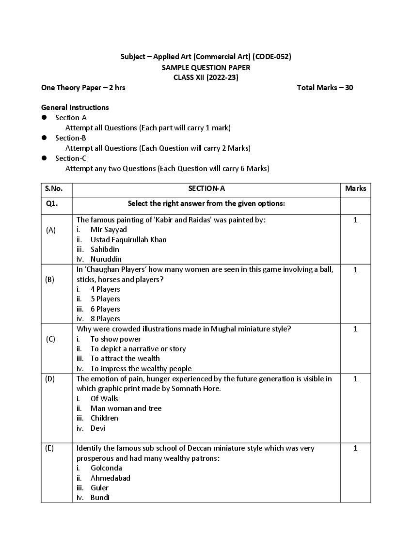 CBSE Class 12 Sample Paper 2023 Applied Arts - Page 1