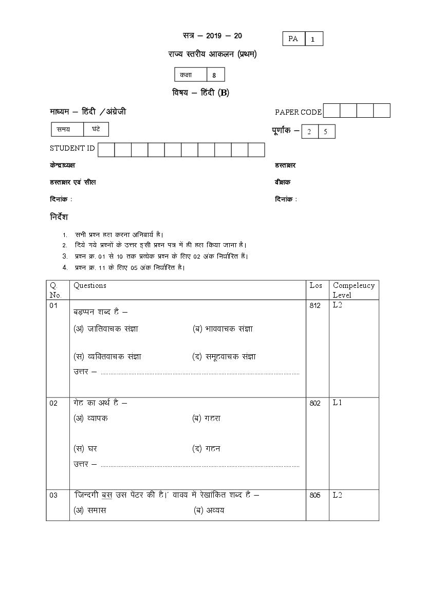 CG Board Class 8 Question Paper 2020 Hindi (PA) - Page 1