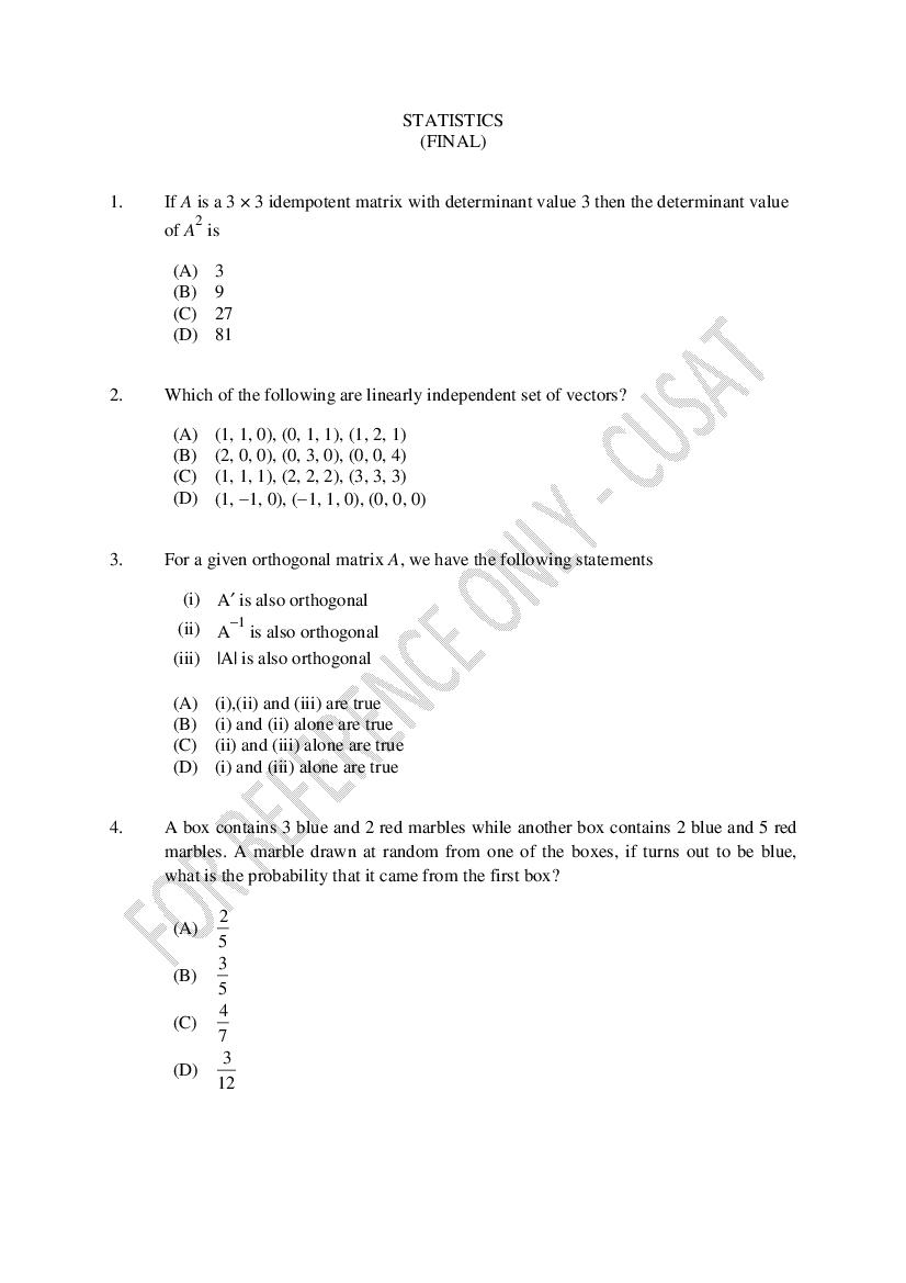 CUSAT CAT 2023 Question Paper Statistics - Page 1