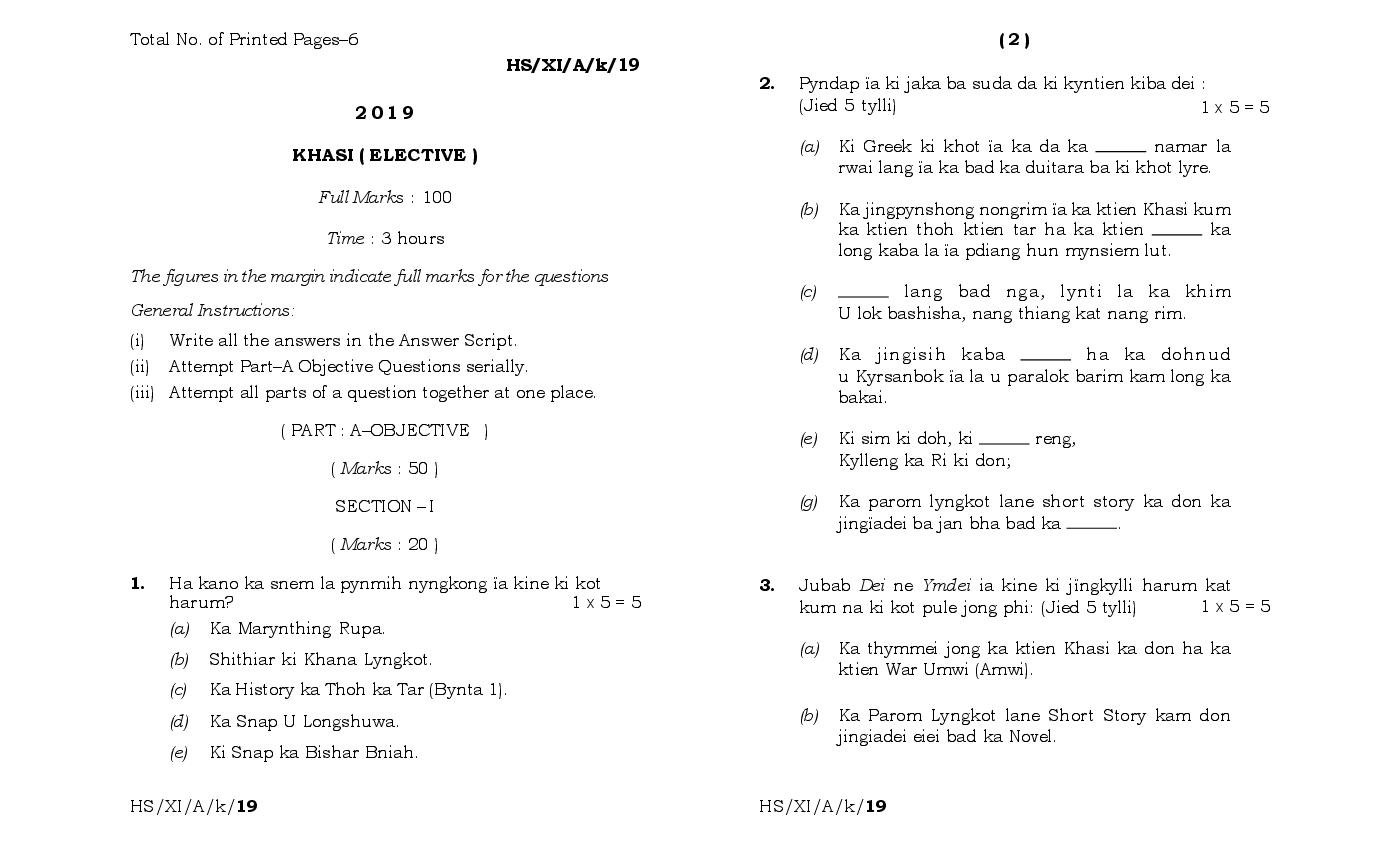 MBOSE Class 11 Question Paper 2019 for Khasi Elective - Page 1