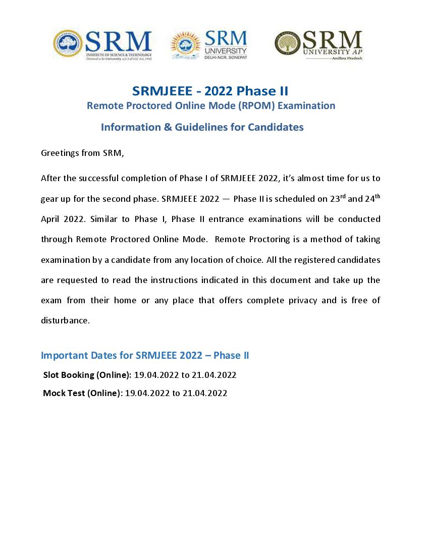 SRMJEEE 2022 Phase 2 Exam Instructions and Guidelines - Page 1