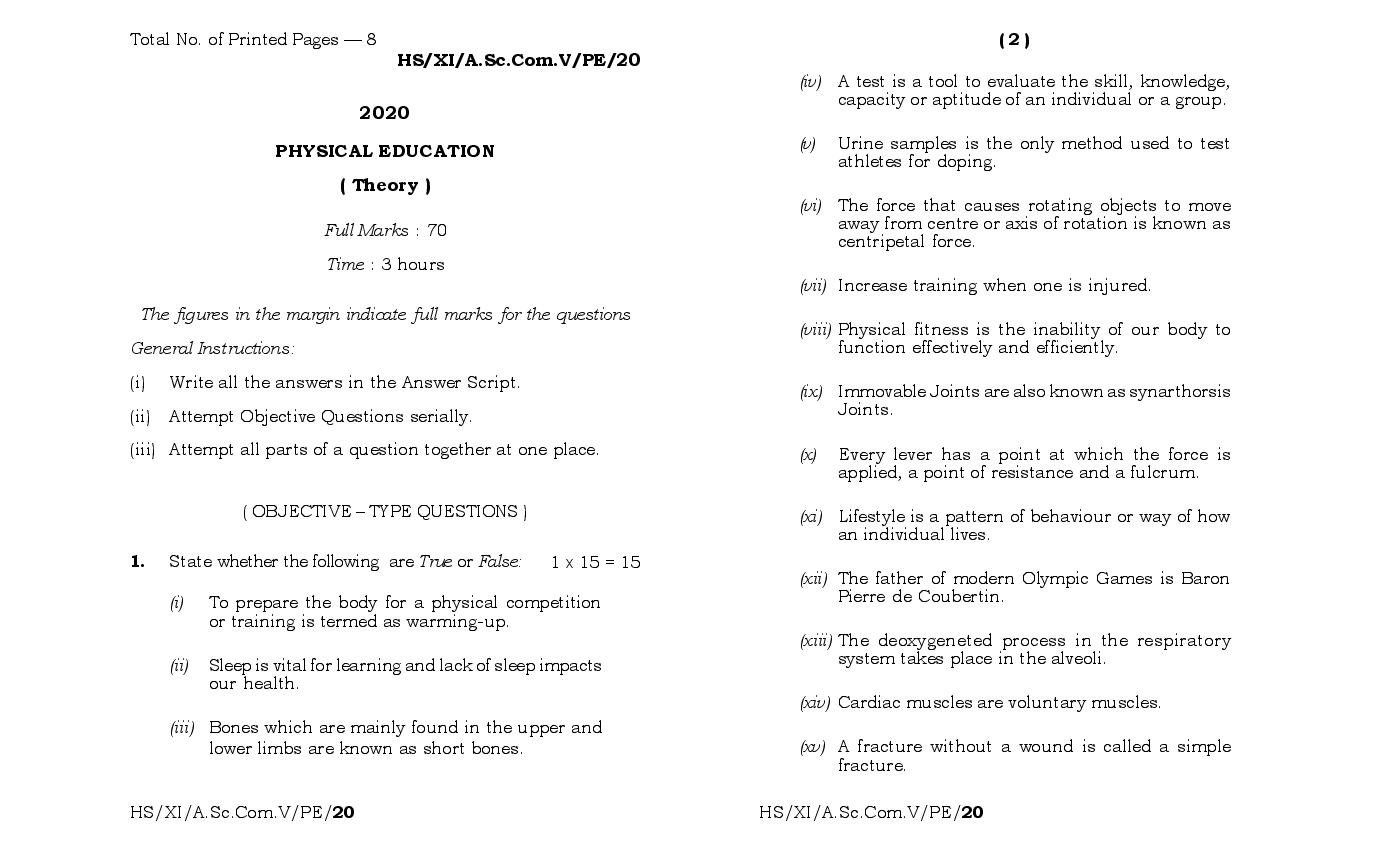 MBOSE Class 11 Question Paper 2020 for Physical Education - Page 1