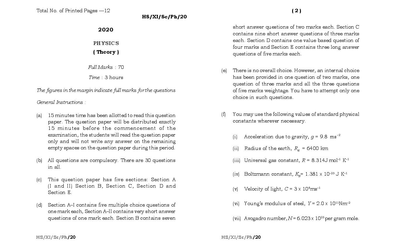 MBOSE Class 11 Question Paper 2020 for Physics - Page 1