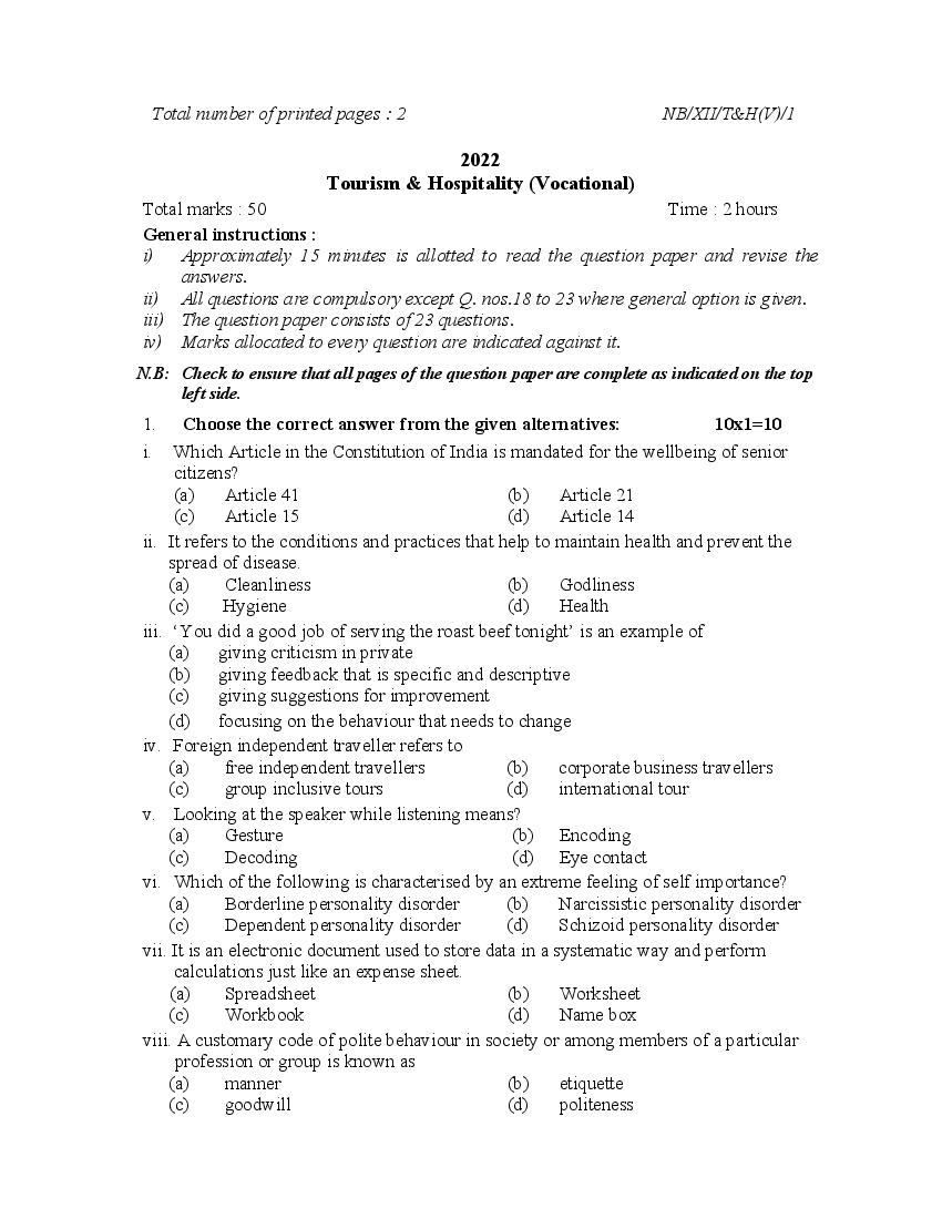 NBSE Class 12 Question Paper 2022 Tourism & Hospitality (Vocational) - Page 1