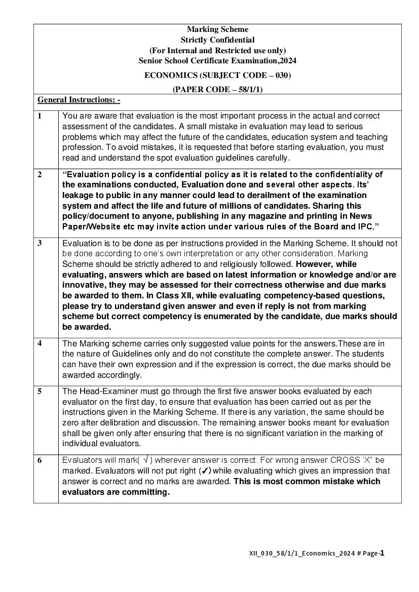 CBSE Class 12 Question Paper 2024 Solution Economics - Page 1