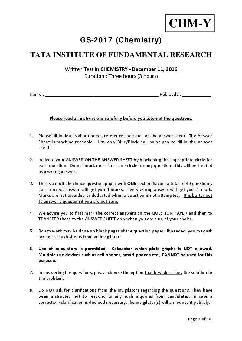 TIFR GS 2017 Question Paper Chemistry Y - Page 1