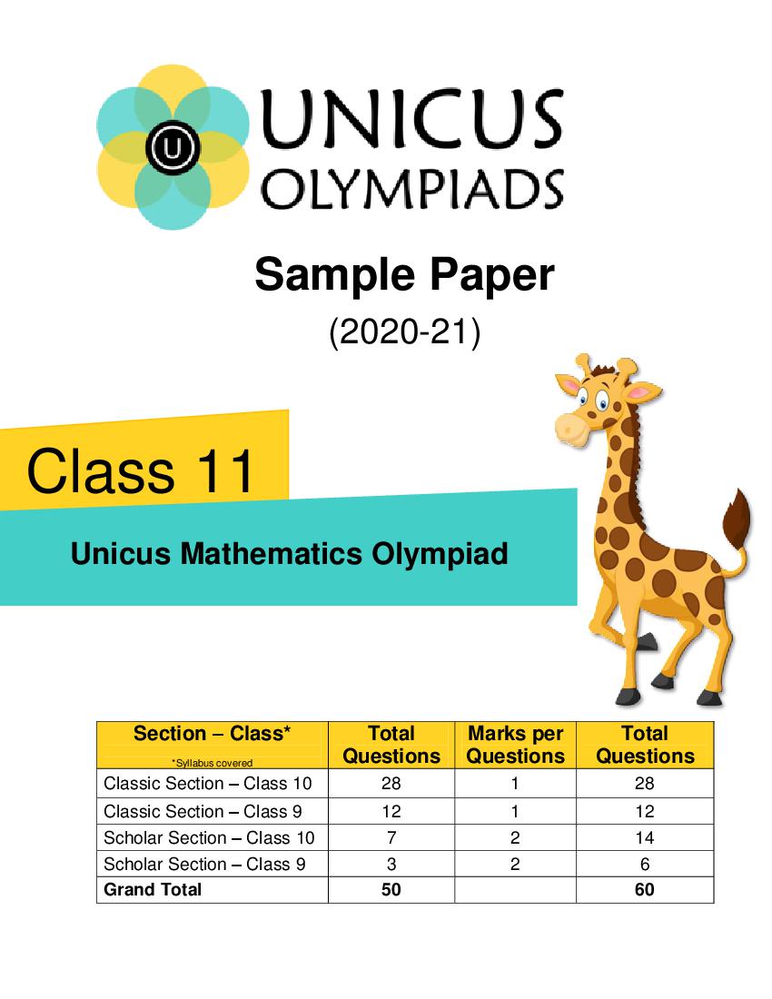Unicus Mathematics Olympiad (UMO) Class 11 Sample Paper - Page 1