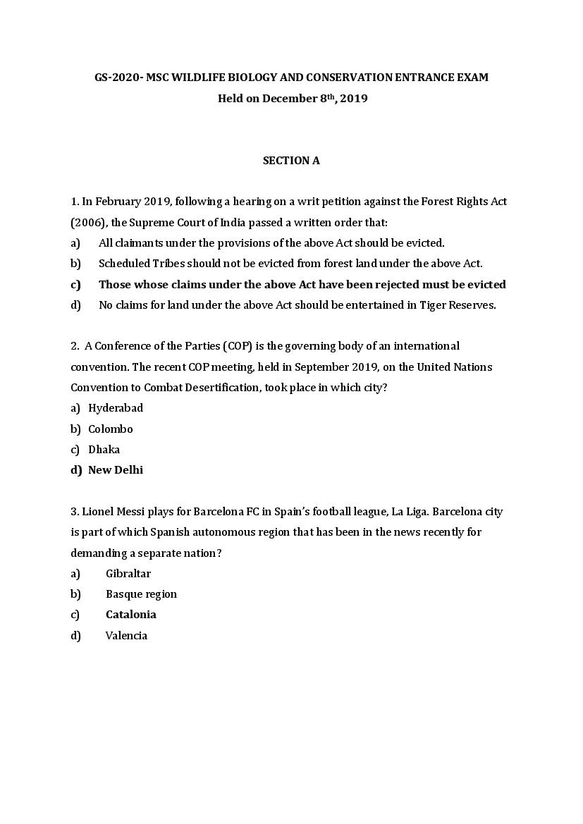 TIFR GS 2020 Question Paper Biology  M.Sc Wildlife and Conservation - Page 1