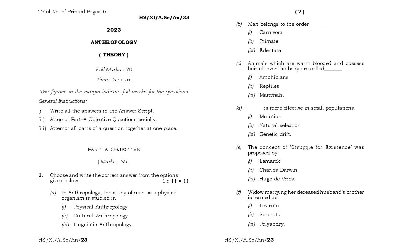 MBOSE Class 11 Question Paper 2023 for Anthropology - Page 1