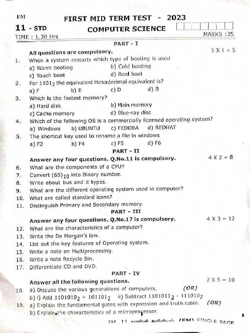 TN Class 11 First Mid Term Question Paper 2023 Computer Science - Page 1