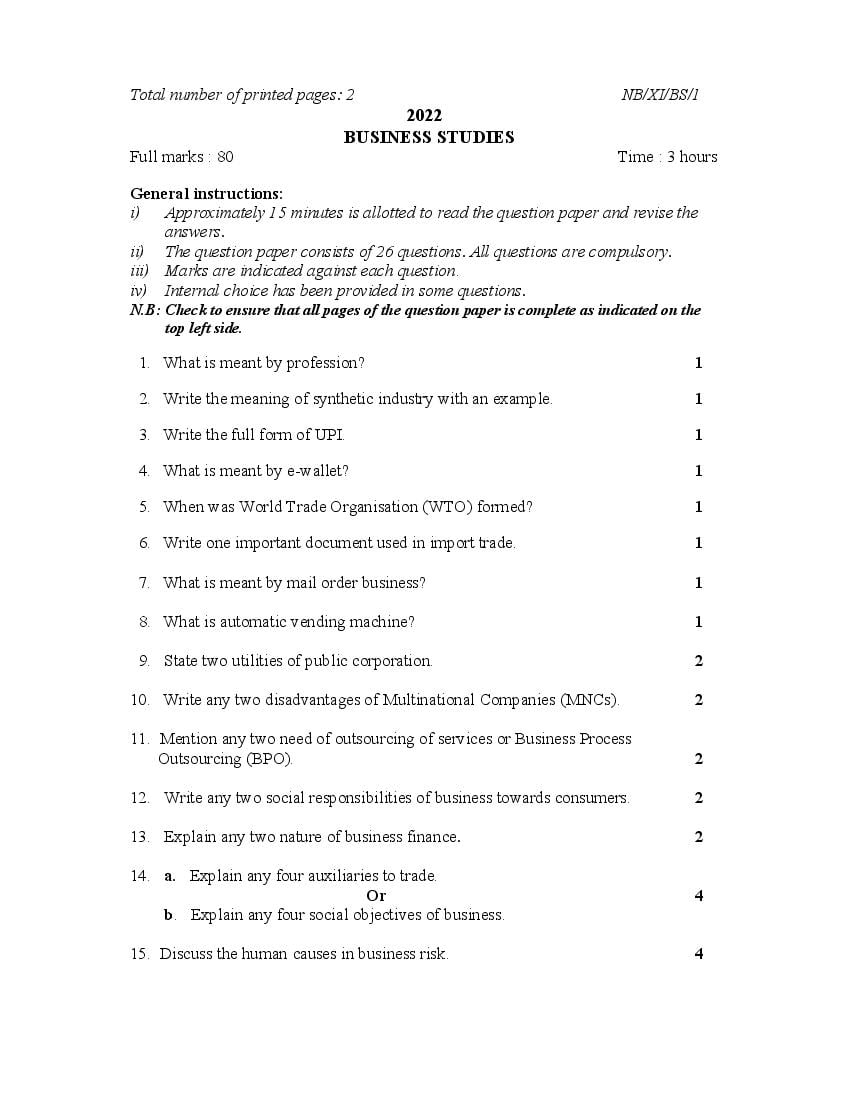 NBSE Class 11 Question Paper 2022 Business Studies - Page 1