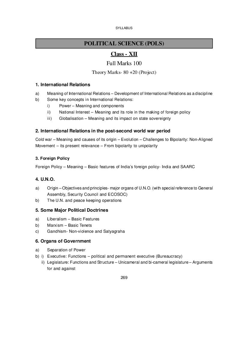 WBCHSE Class 12 Syllabus for Political Science - Page 1