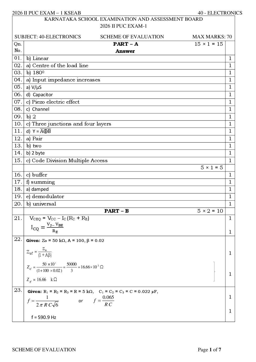 Karnataka 2nd PUC Question Paper 2026 Answer Key Electronics - Page 1 of 7