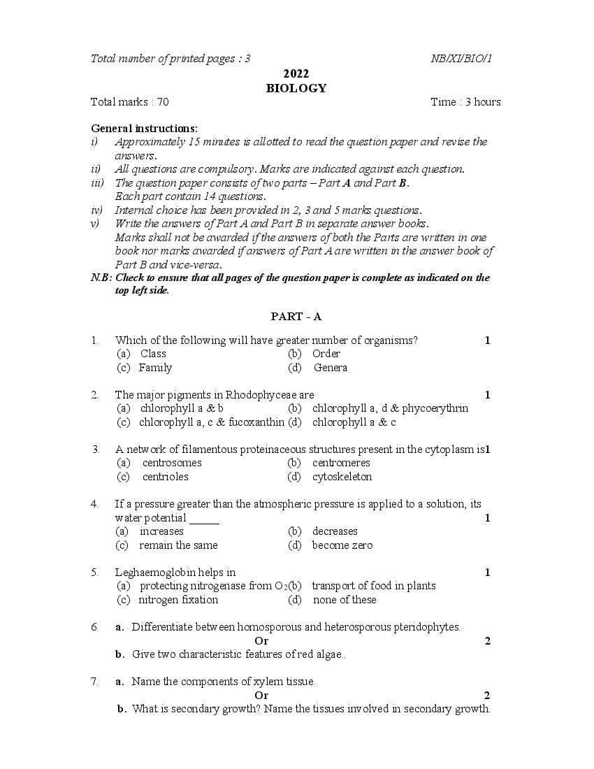 NBSE Class 11 Question Paper 2022 Biology - Page 1