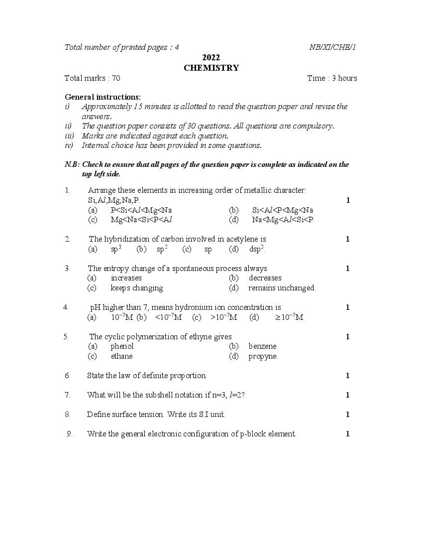 NBSE Class 11 Question Paper 2022 Chemistry - Page 1