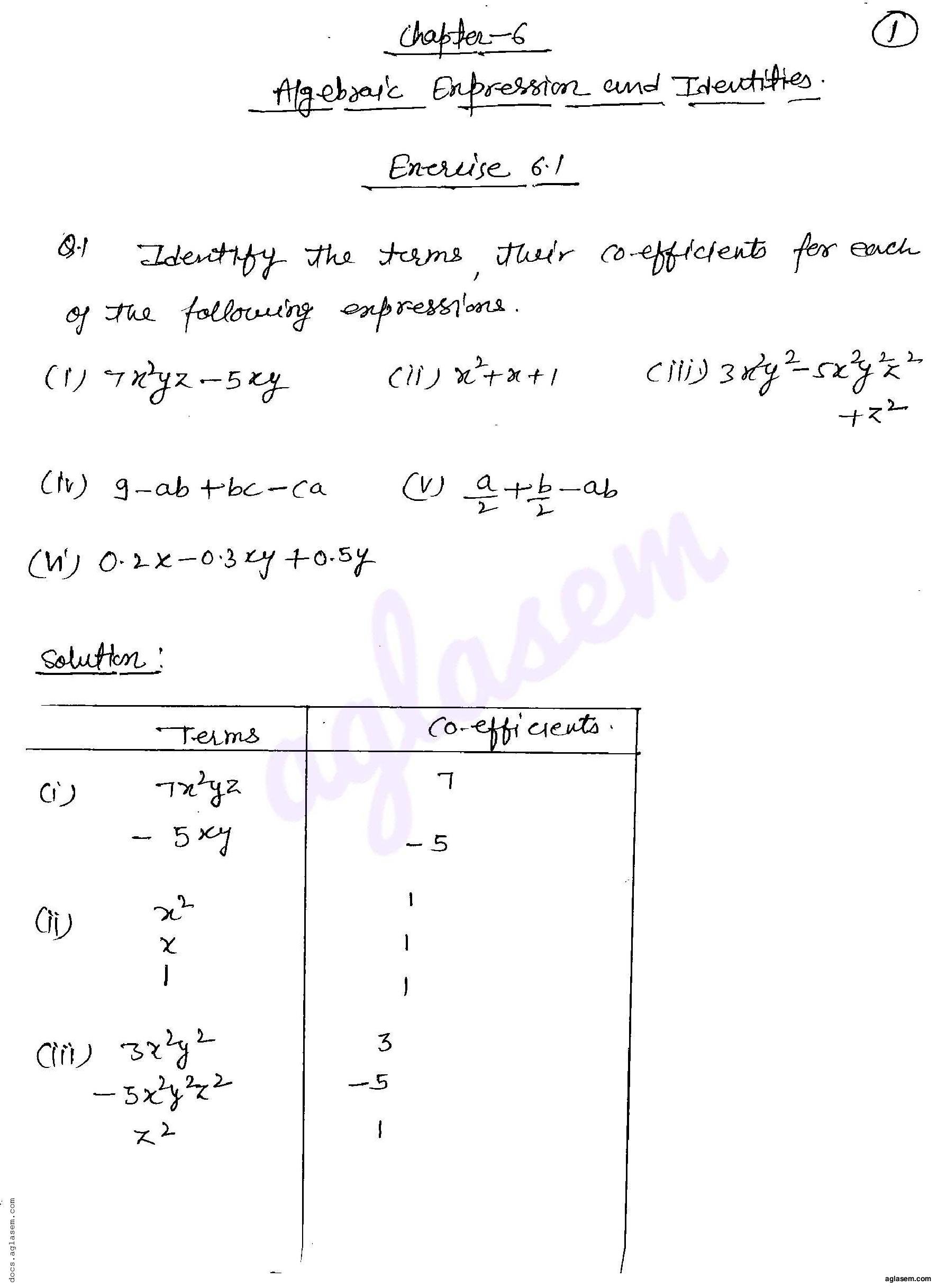 RD Sharma Solutions Class 8 Chapter 6 Algebraic Expressions and identities Exercise 6.1 - Page 1