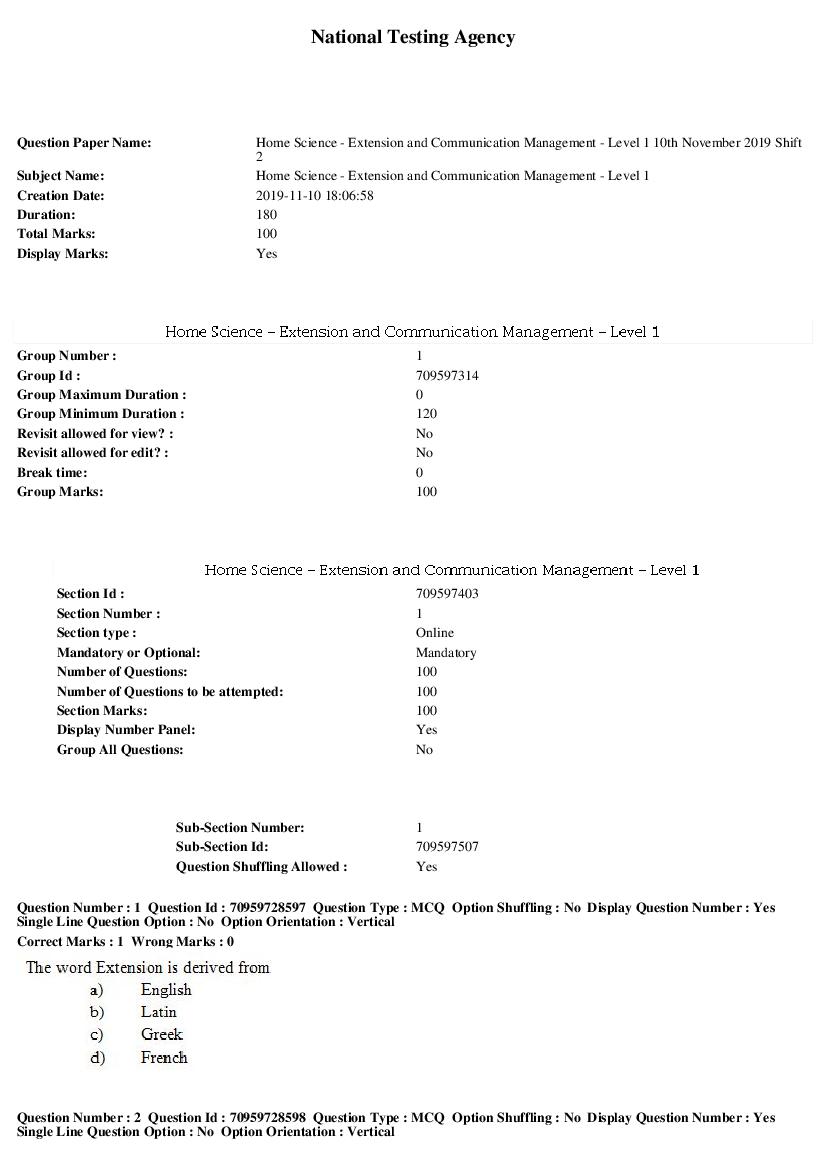 SWAYAM 2019 Question Paper Home Science - Extension and Communication Management Level 1 - Page 1