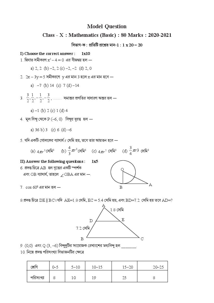TBSE Class 10 Model Question Paper 2021 Maths Basic - Page 1