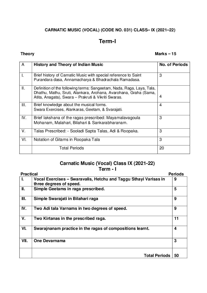 CBSE Class 10 Term Wise Syllabus 2021-22 Carnatic Music Vocal - Page 1