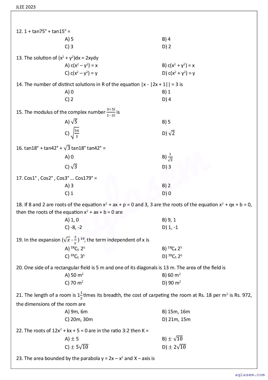 Assam JLEE 2023 Question Paper PDF (Branch-wise, 4 Papers)