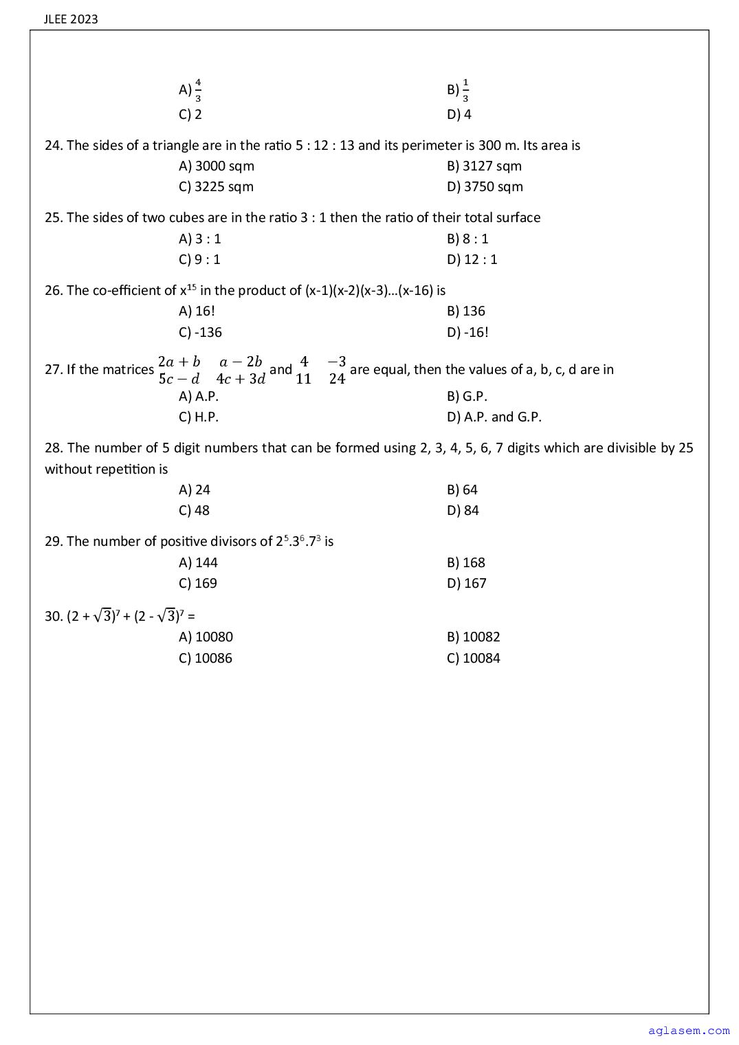 Assam JLEE 2023 Question Paper PDF (Branch-wise, 4 Papers)