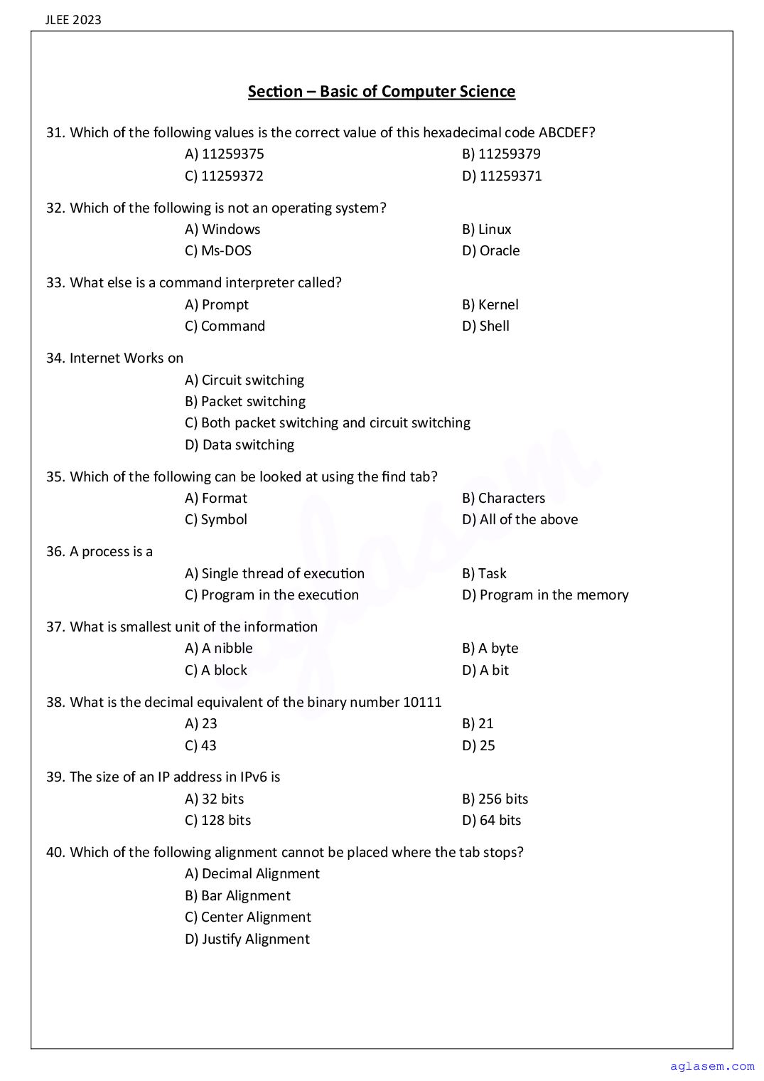 Assam JLEE 2023 Question Paper PDF (Branch-wise, 4 Papers)