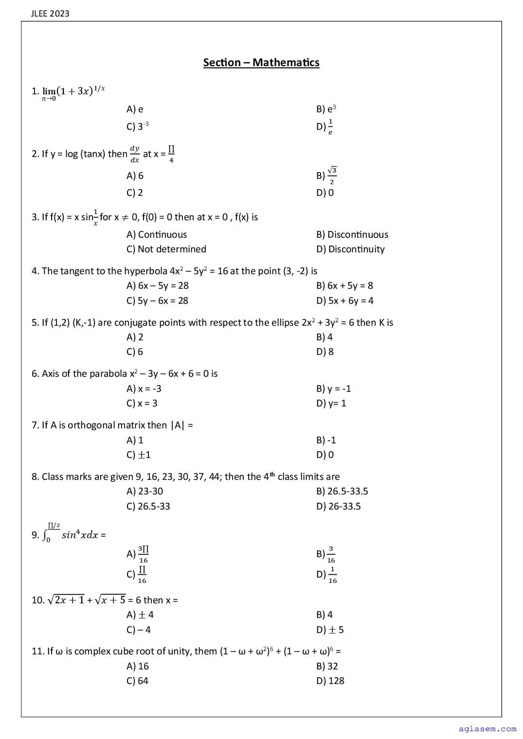 Assam JLEE 2023 Question Paper Mechanical Engineering - Page 1 of 12