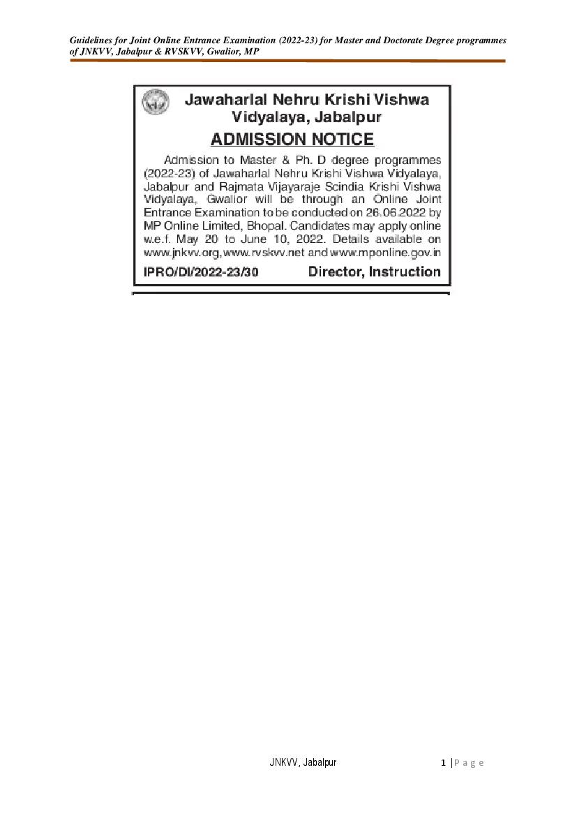 JNKVV Admission 2022 PG Ph.D Notification - Page 1