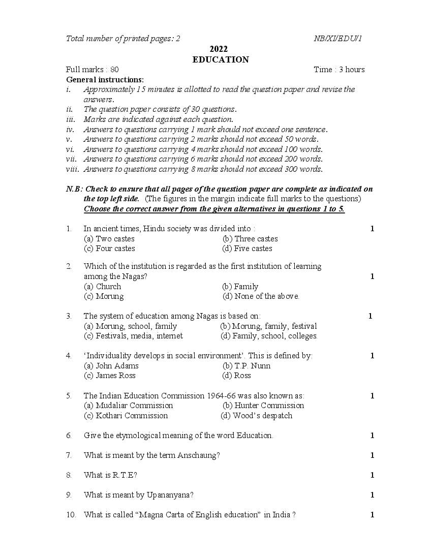 NBSE Class 11 Question Paper 2022 Education - Page 1
