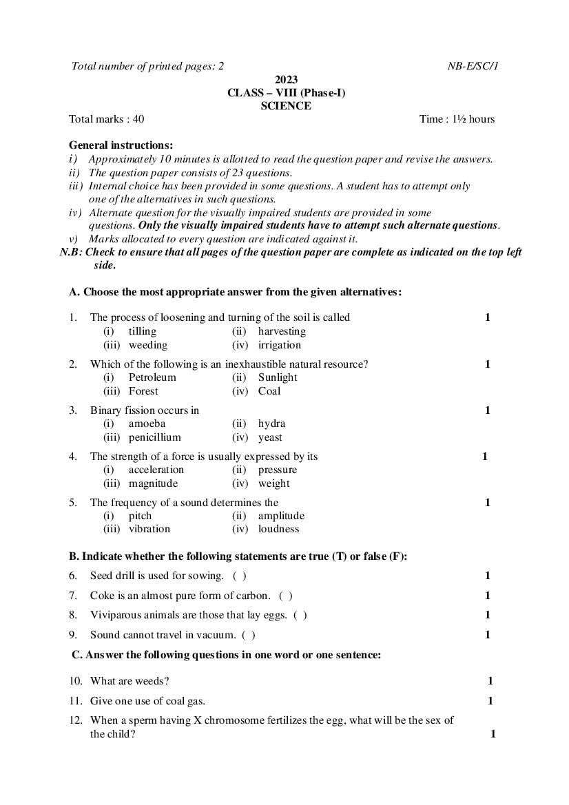 NBSE Class 8 Question Paper 2023-24 Phase 1 - Page 1
