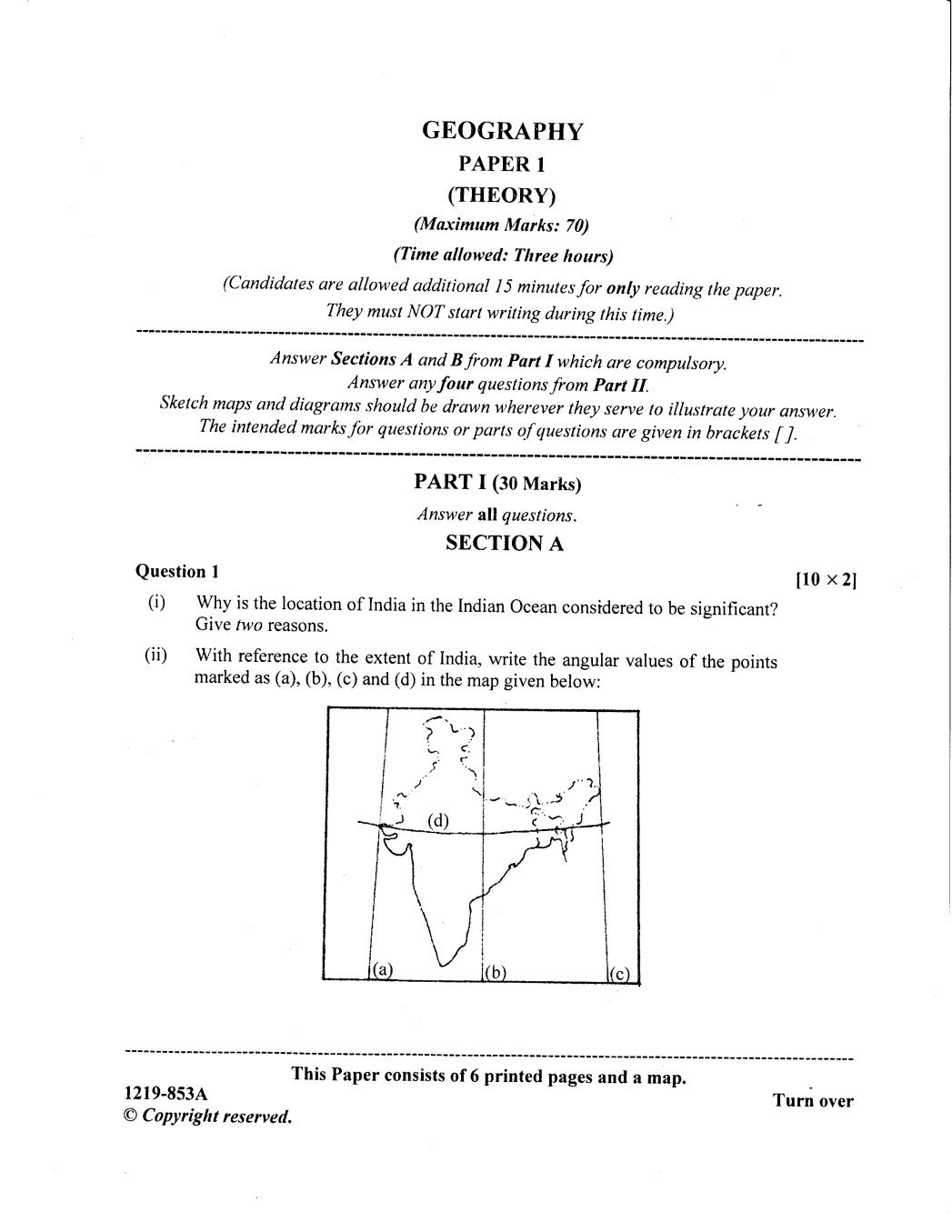 ISC Class 12 Question Paper 2019 for Geography  - Page 1