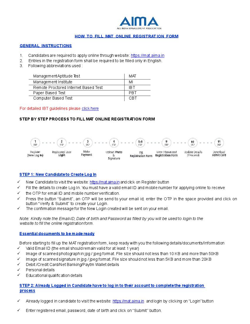 AIMA MAT 2022 Registration Guidelines