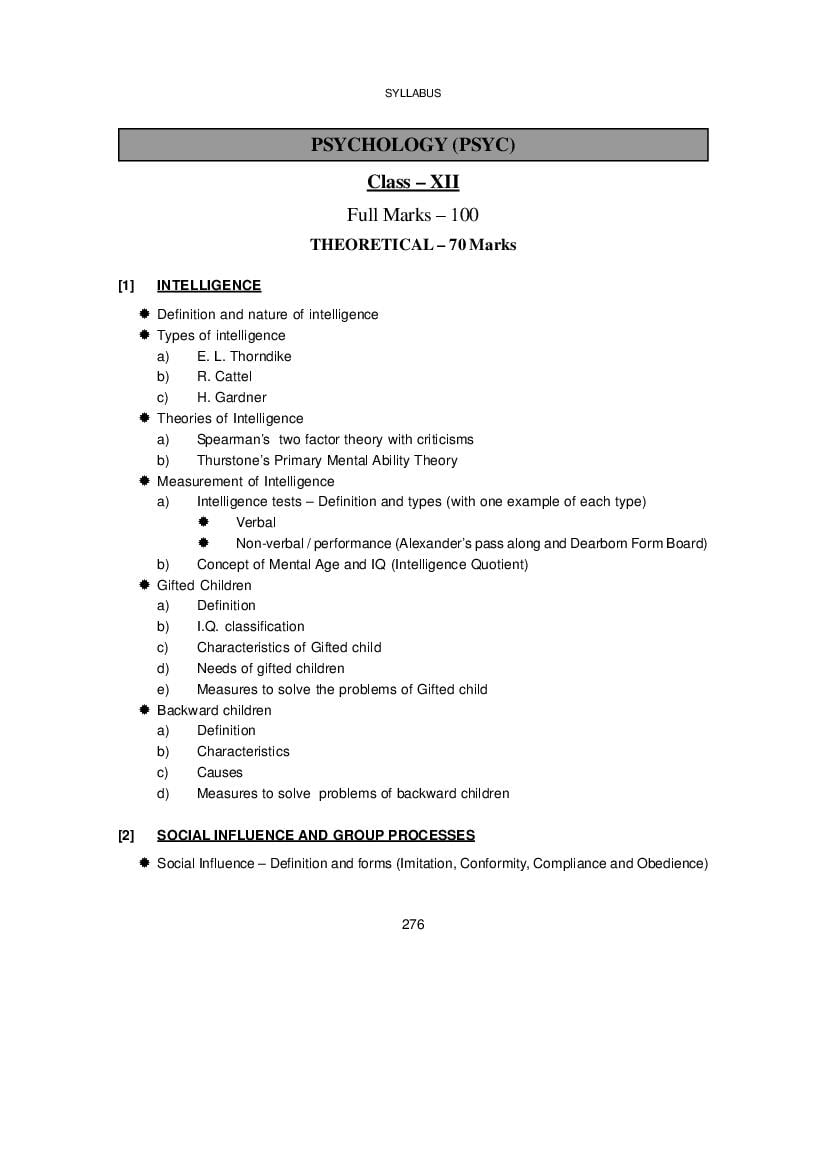 WBCHSE Class 12 Syllabus for Psychology - Page 1
