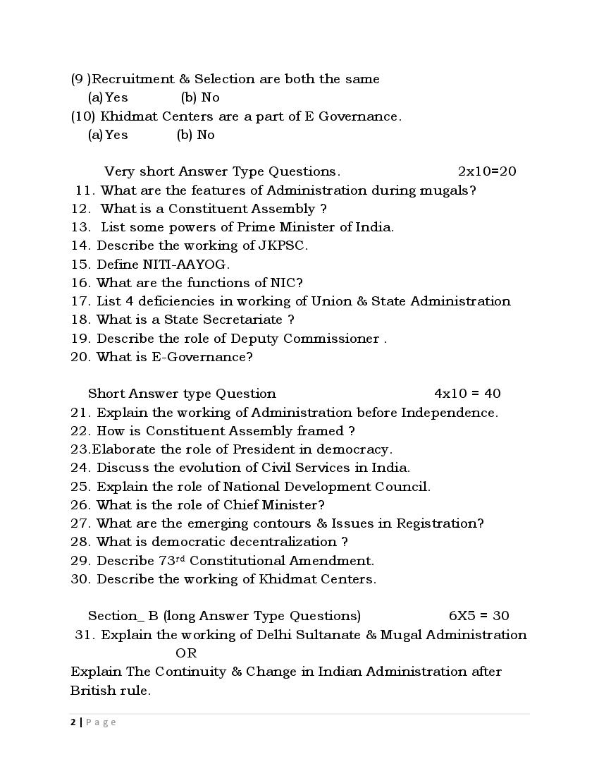 JKBOSE Class 12th Model Question Paper 2024 For Public Administration ...