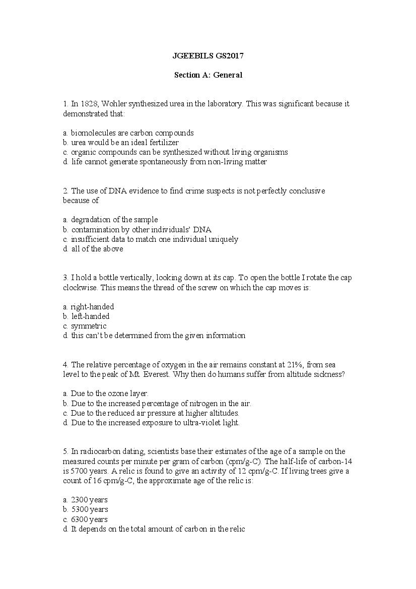 TIFR GS 2017 Question Paper Biology - Page 1 of 14