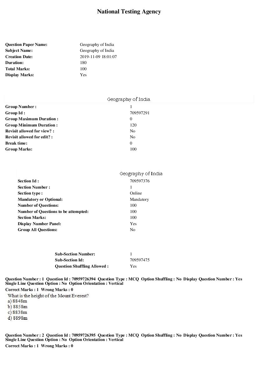 SWAYAM 2019 Question Paper Geography of India - Page 1 of 18