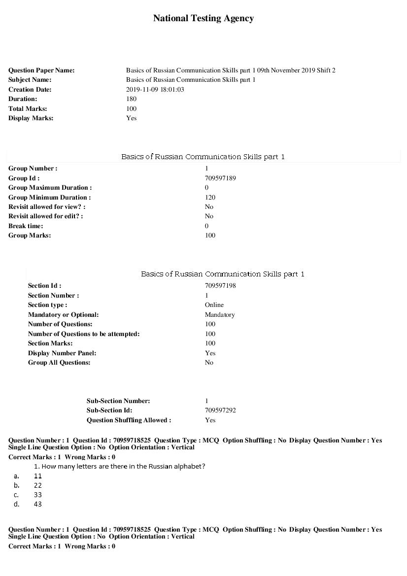 SWAYAM 2019 Question Paper Basics of Russian Communication Skills part 1 - Page 1 of 36