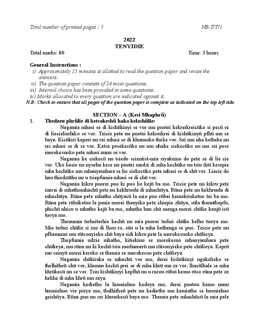 NBSE Class 10 Question Paper 2022 Tenyidie - Page 1