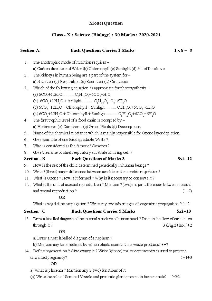 TBSE Class 10 Model Question Paper 2021 for Science – Download Sample ...